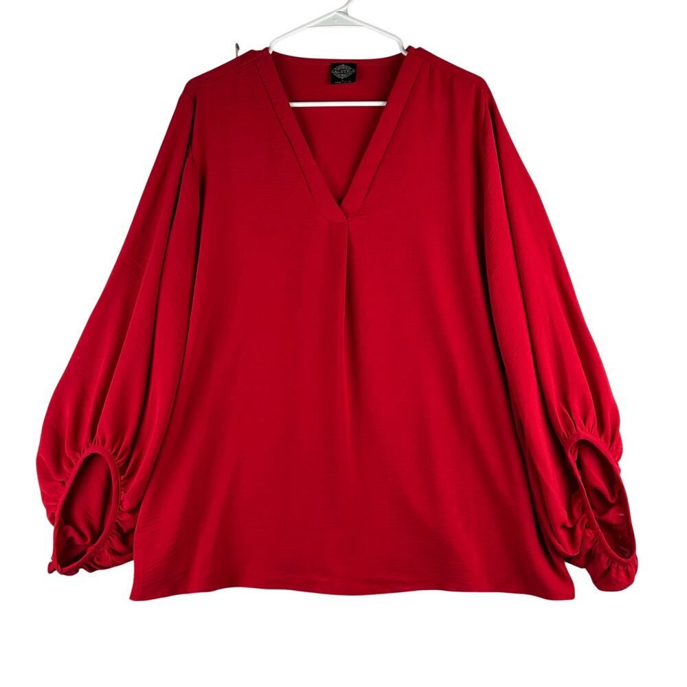 Cal Style Popover Blouse Women's Large Cherry Tomato Red Holiday Bishop Sleeve